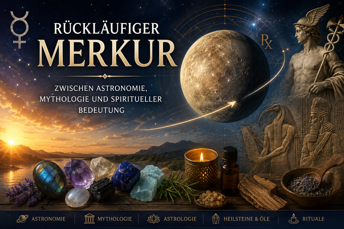 Rückläufiger Merkur zwischen Astronomie, Mythologie und spiritueller Bedeutung mit Planet Merkur, Heilsteinen und spirituellen Symbolen.