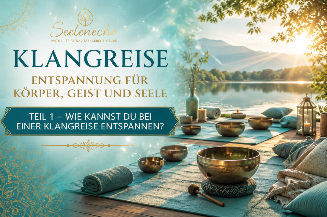Titelgrafik „Klangreise“ mit Klangschalen und Yogamatte auf einem Steg am See.