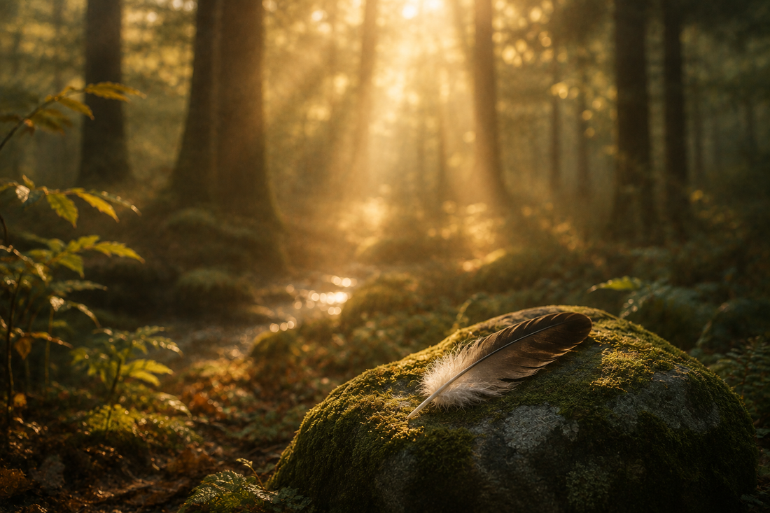 Feder auf moosbedecktem Felsen im sonnendurchfluteten Wald