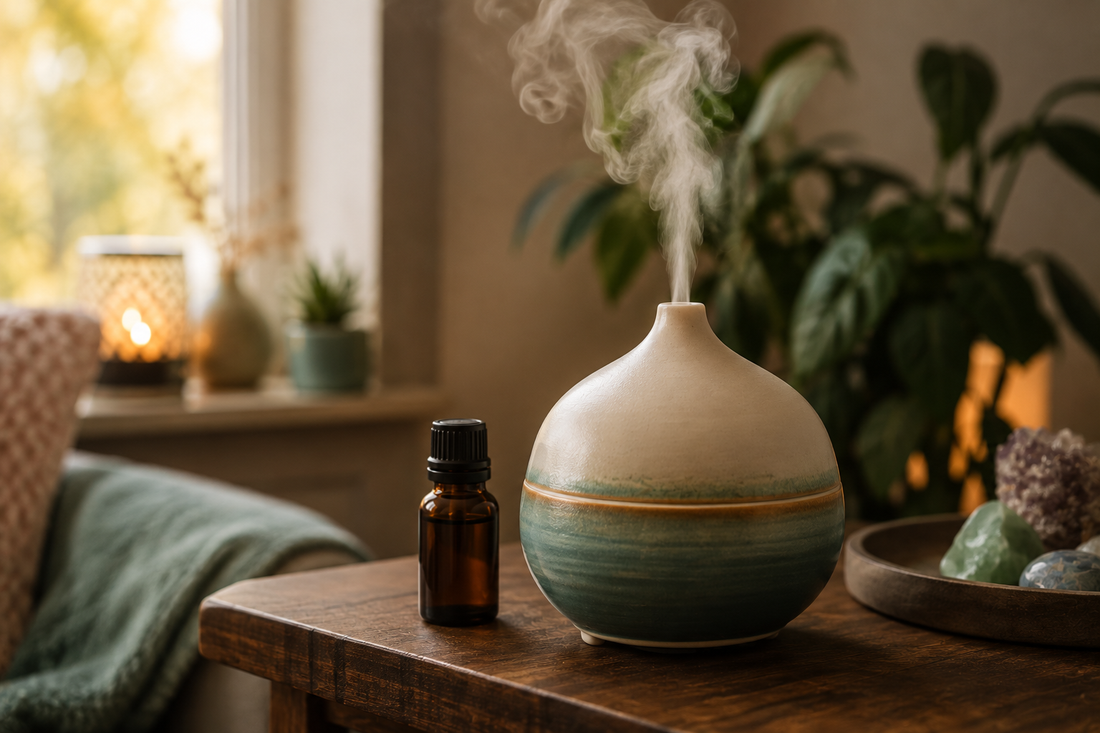 Aroma-Diffuser mit sanftem Dampf in gemütlicher Wohnatmosphäre