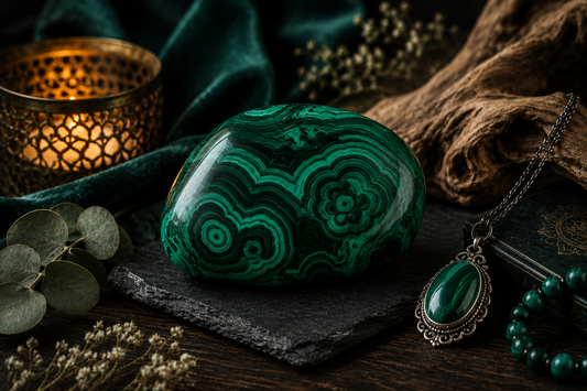 Malachit-Stillleben mit grünem Trommelstein und Schmuck