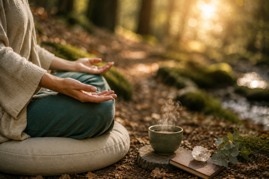 Meditation im goldenen Waldlicht mit Tee und Bergkristall