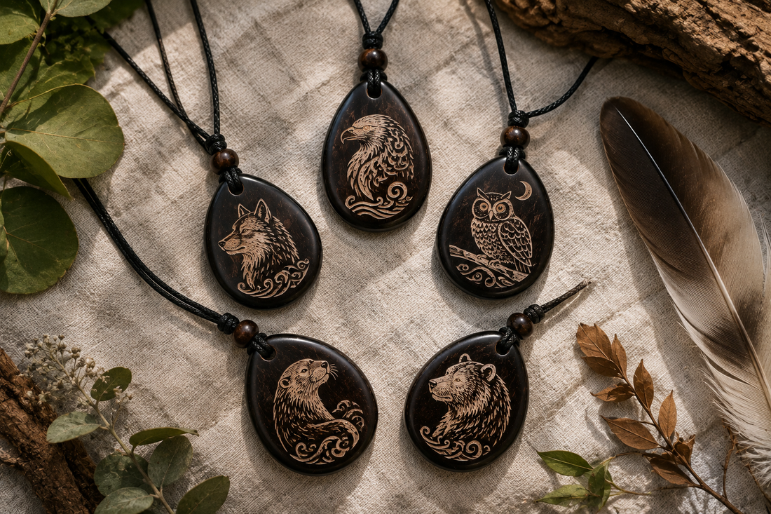 Taguanuss-Anhänger mit Tiersymbolen: Wolf, Adler, Eule, Otter, Bär