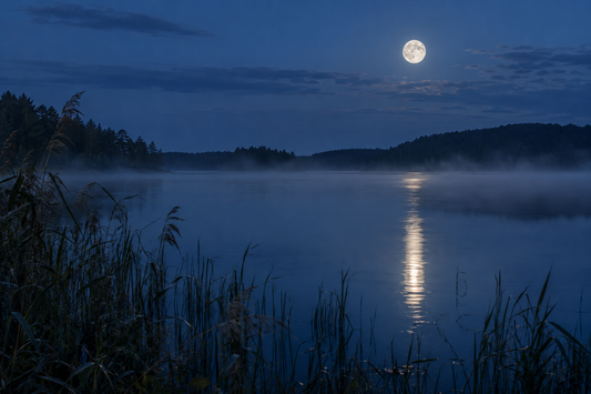 Stiller See zur blauen Stunde mit Nebel und Schilf, der silbrige Vollmond spiegelt sich im Wasser.