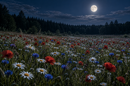 Wildblumenwiese mit Mohn, Margeriten und Kornblumen bei Nacht, dahinter ein Waldrand und ein heller Vollmond.
