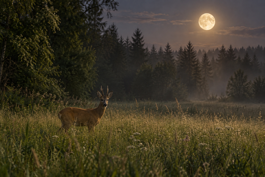 Rehbock auf einer Sommerwiese am nebligen Waldrand, darüber ein großer heller Vollmond.