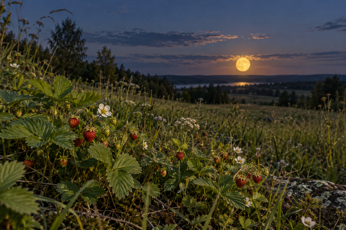 Wilde Erdbeeren mit roten Früchten und weißen Blüten am Hang, dahinter ein goldener Vollmond knapp über dem Horizont.