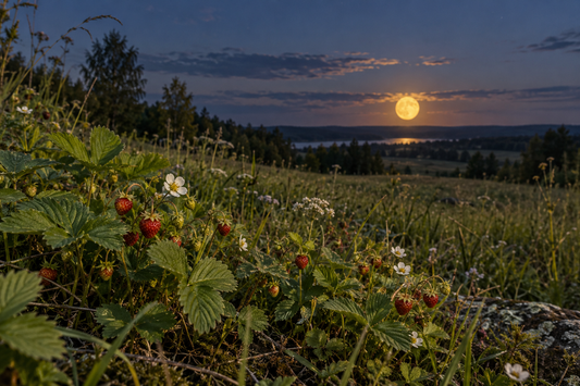 Wilde Erdbeeren mit roten Früchten und weißen Blüten am Hang, dahinter ein goldener Vollmond knapp über dem Horizont.