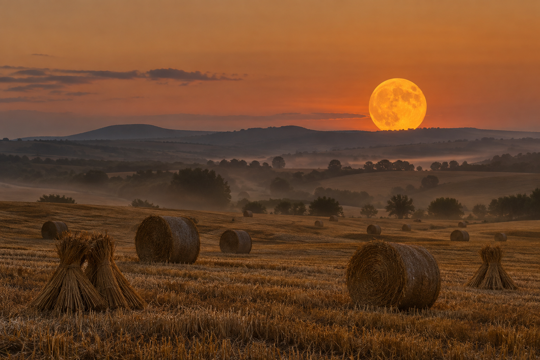 Abgeerntetes Feld mit Strohballen und Getreidegarben, dahinter neblige Hügel und ein großer orangefarbener Vollmond am Abendhimmel.