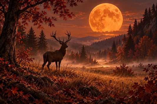 Hirsch auf einer herbstlichen Lichtung mit rotem Laub und Nebel, dahinter ein großer orangefarbener Vollmond über bewaldeten Hügeln.