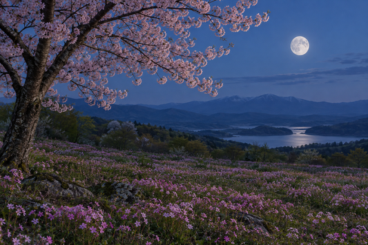 Blühender Kirschbaum und rosa Phlox auf einer Wiese bei Nacht, dahinter ein See, Berge und ein heller Vollmond.