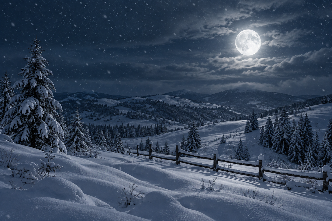 Verschneite Hügellandschaft mit Tannen und Holzzaun bei Schneefall, darüber ein heller Vollmond zwischen Wolken.