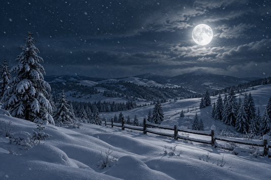 Verschneite Hügellandschaft mit Tannen und Holzzaun bei Schneefall, darüber ein heller Vollmond zwischen Wolken.