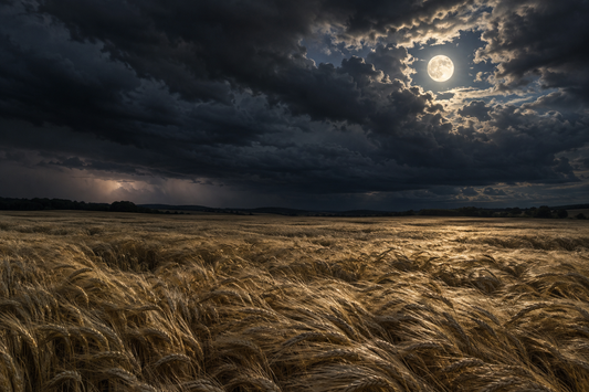 Vom Wind gebeugtes Kornfeld unter dunklen Gewitterwolken, der Vollmond scheint durch eine Wolkenlücke.