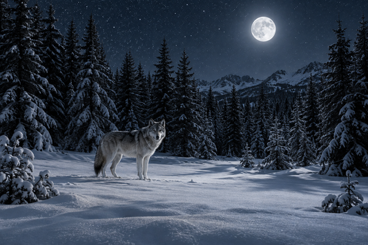 Grauer Wolf auf einer verschneiten Lichtung zwischen Tannen, darüber ein heller Vollmond am Sternenhimmel vor schneebedeckten Bergen.