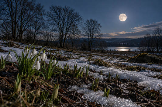 Schneeglöckchen und erste Triebe zwischen schmelzendem Schnee, dahinter kahle Bäume, ein See und ein heller Vollmond.