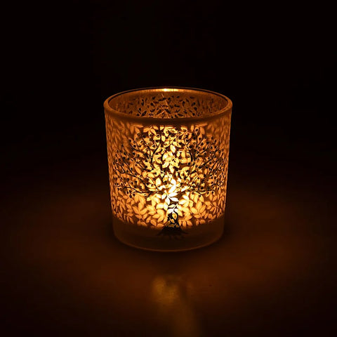 Windlicht Lebensbaum aus Glas mit Kerzenlicht