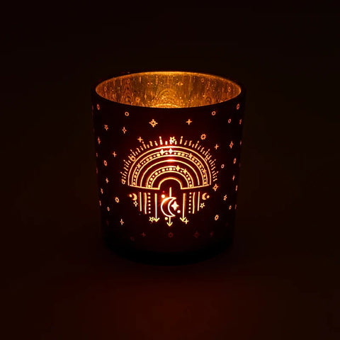 Windlicht Regenbogen aus Glas mit Kerzenlicht