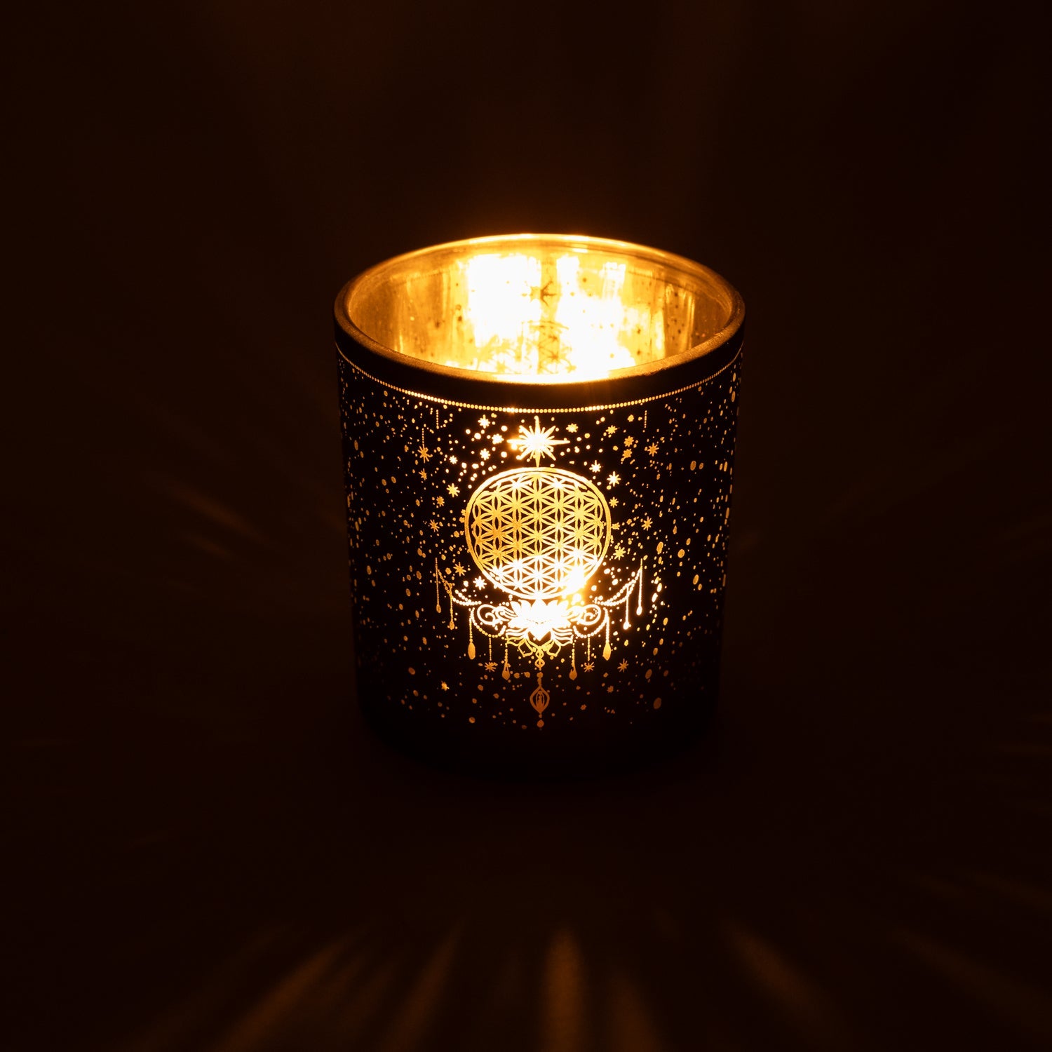 Windlicht Blume des Lebens mit brennendem Teelicht