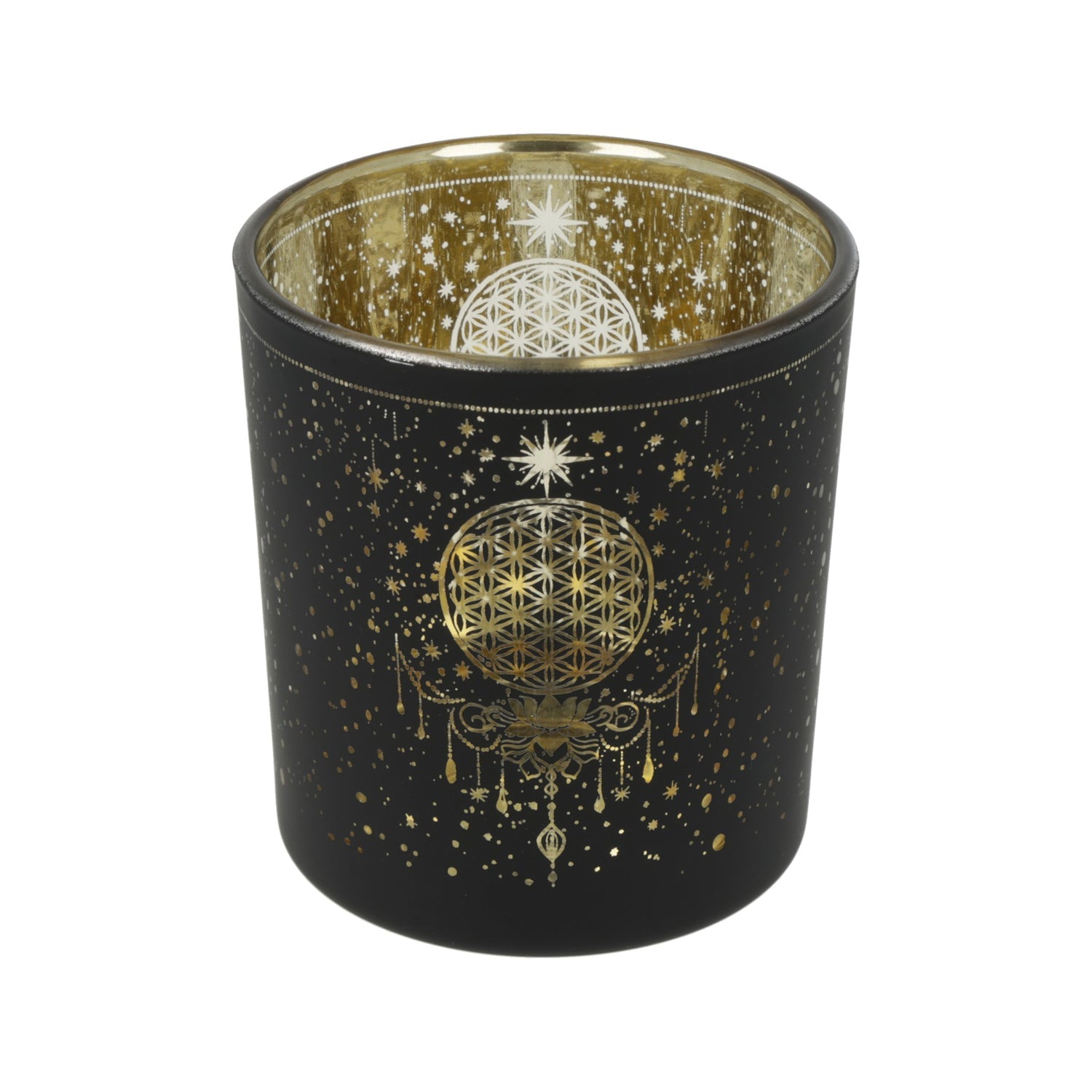 Windlicht Blume des Lebens aus Glas, satiniert mit Metallic-Motiv