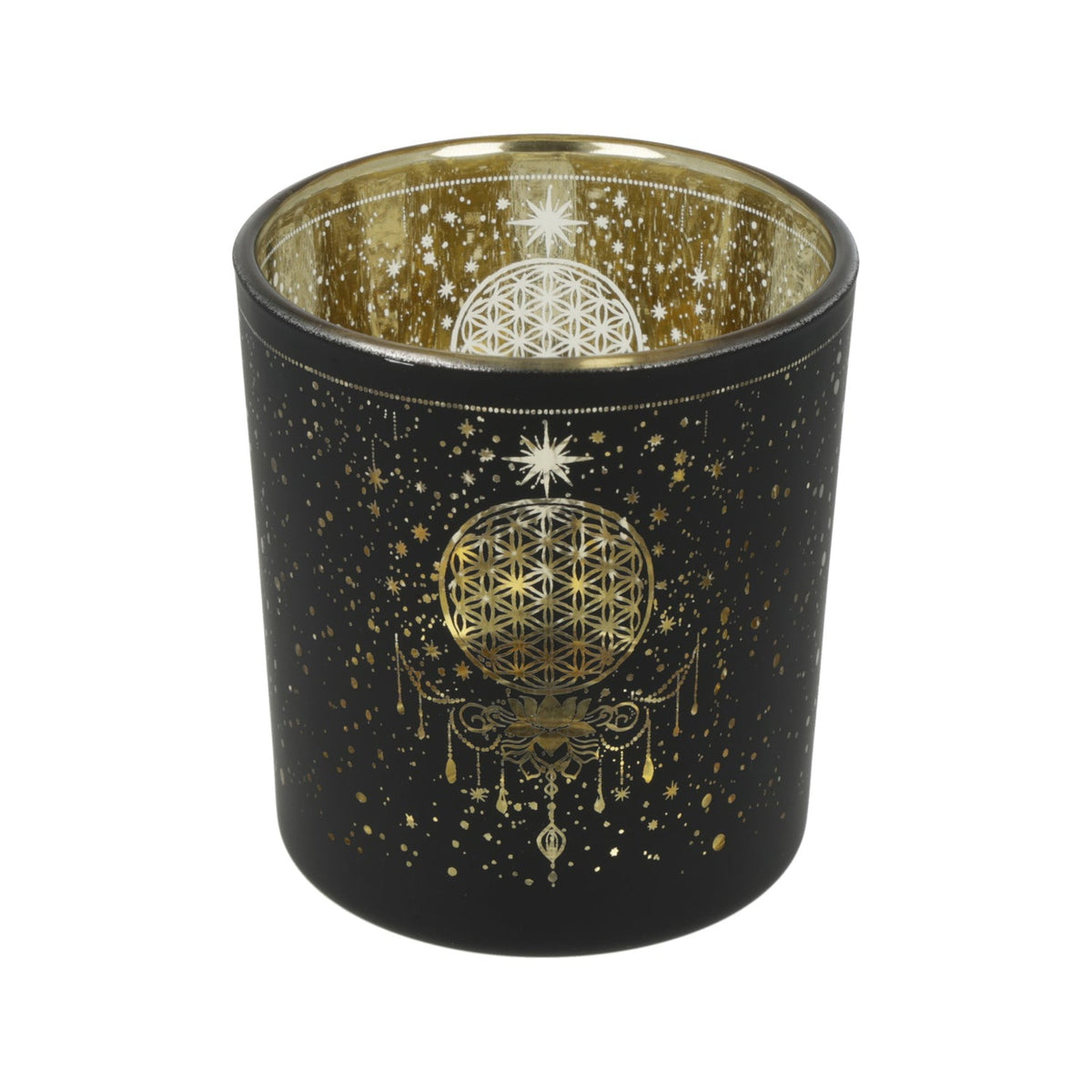 Windlicht Blume des Lebens aus Glas, satiniert mit Metallic-Motiv