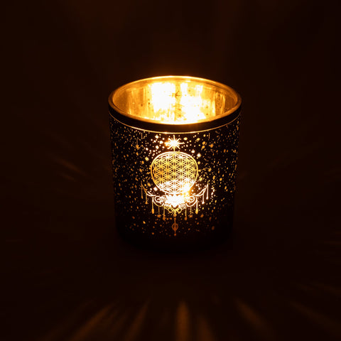 Windlicht Blume des Lebens mit brennendem Teelicht