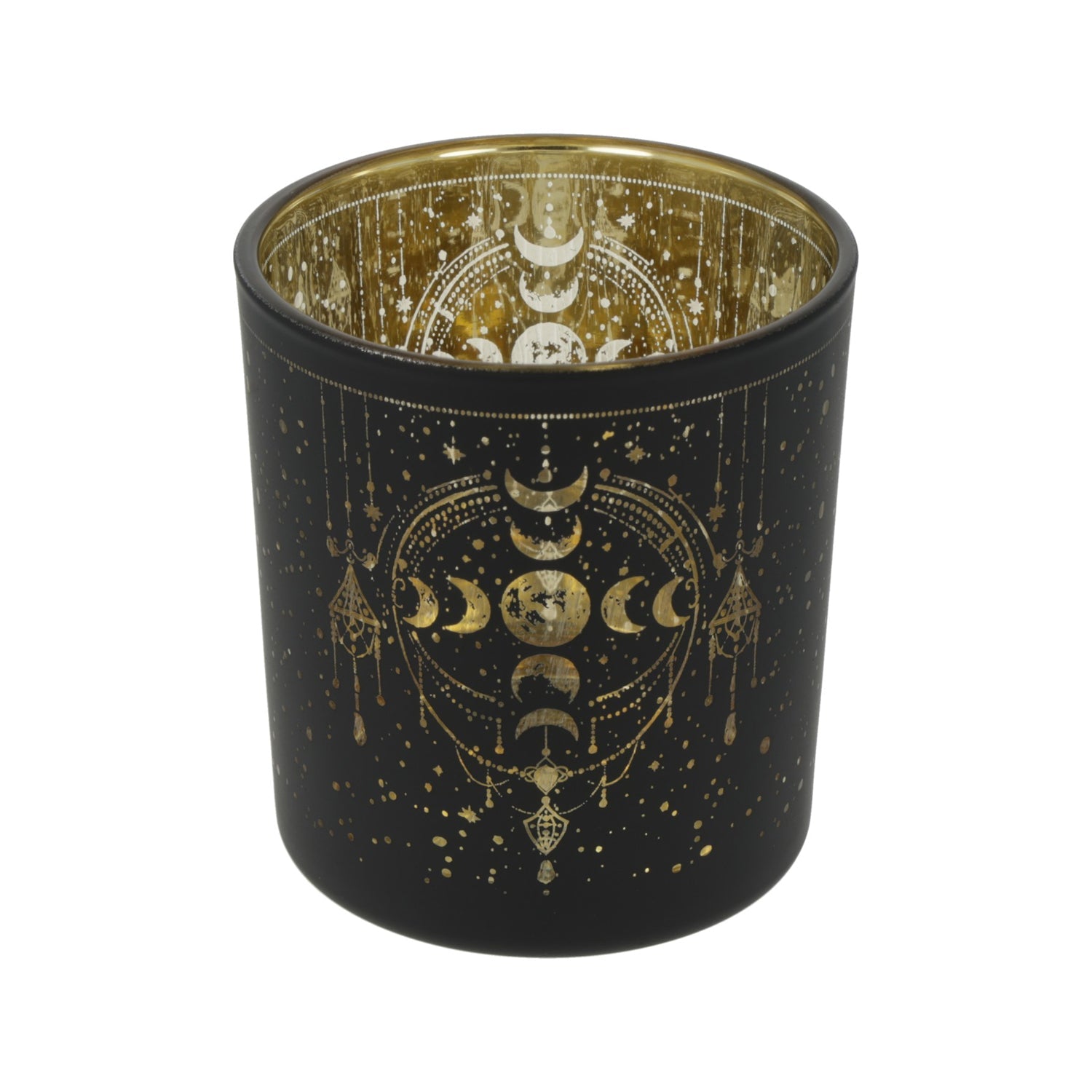 Windlicht Mondphasen aus Glas, satiniert mit Metallic-Motiv