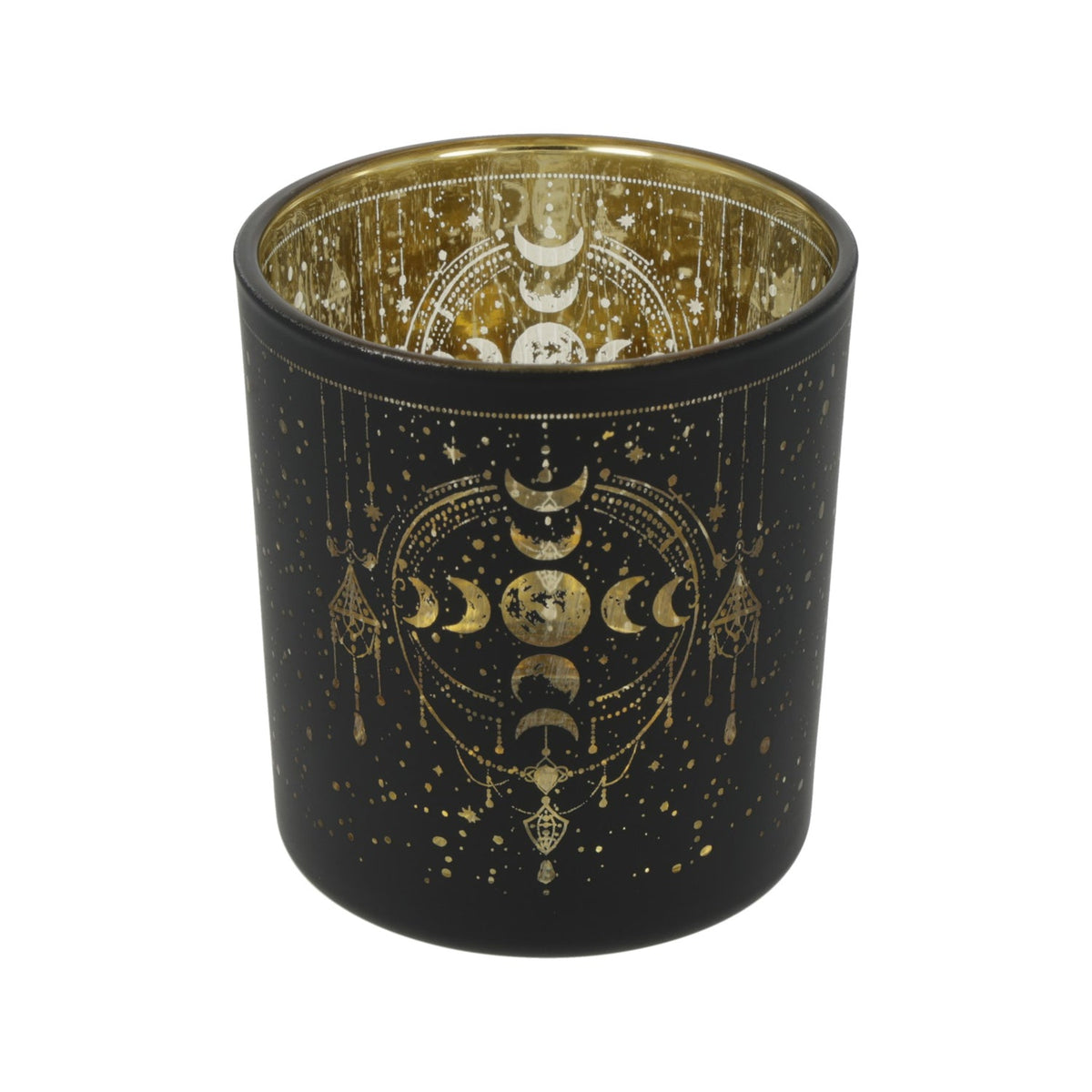 Windlicht Mondphasen aus Glas, satiniert mit Metallic-Motiv