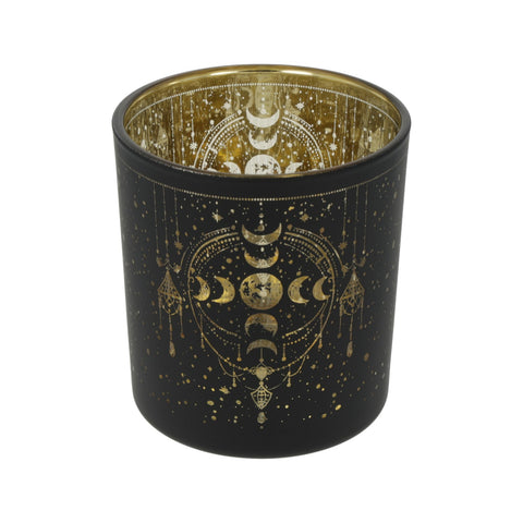 Windlicht Mondphasen aus Glas, satiniert mit Metallic-Motiv