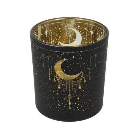 Windlicht Mondsichel aus Glas, satiniert mit Metallic-Motiv