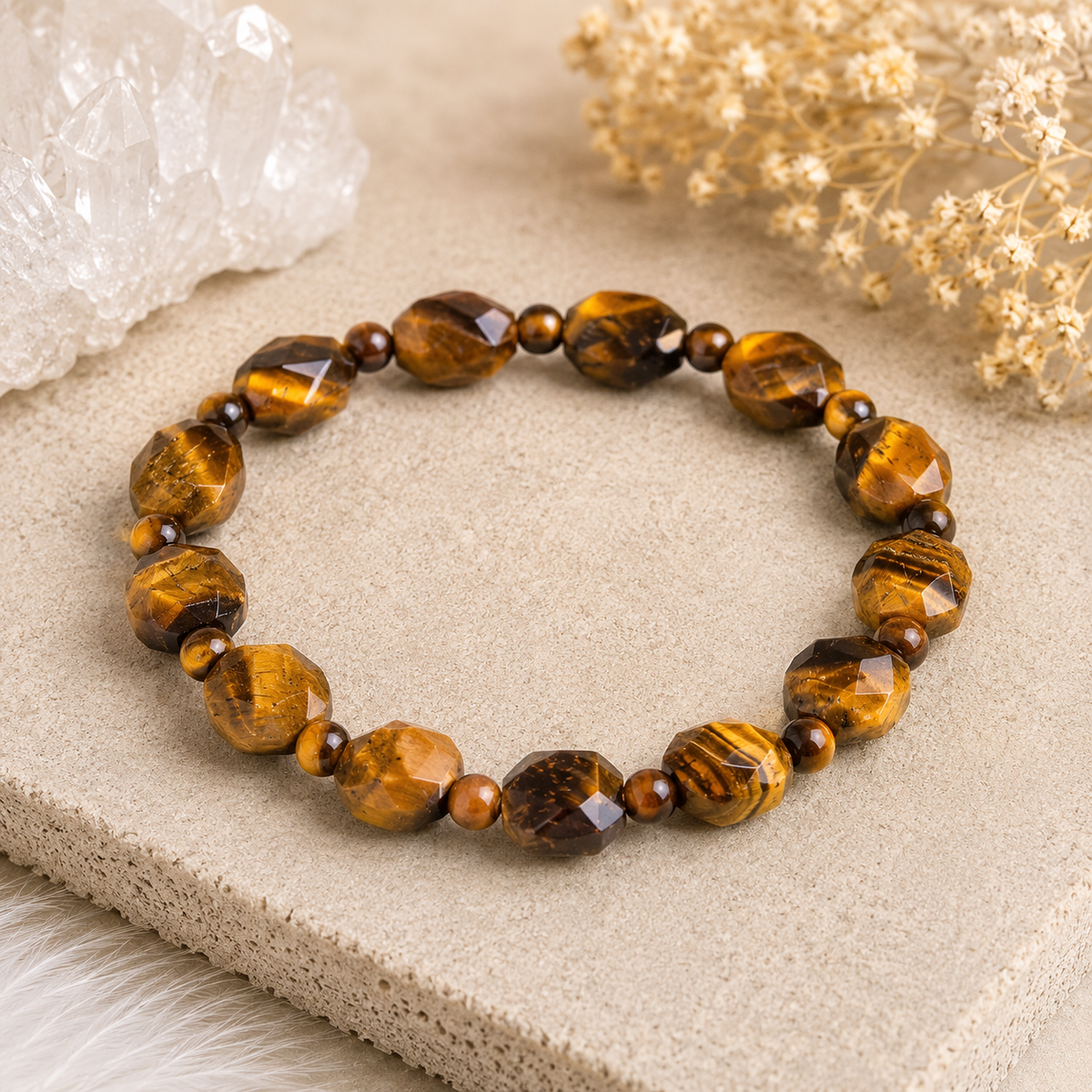 Tigerauge Armband – Facettierte Scheiben mit Kugeln ca. 19 cm