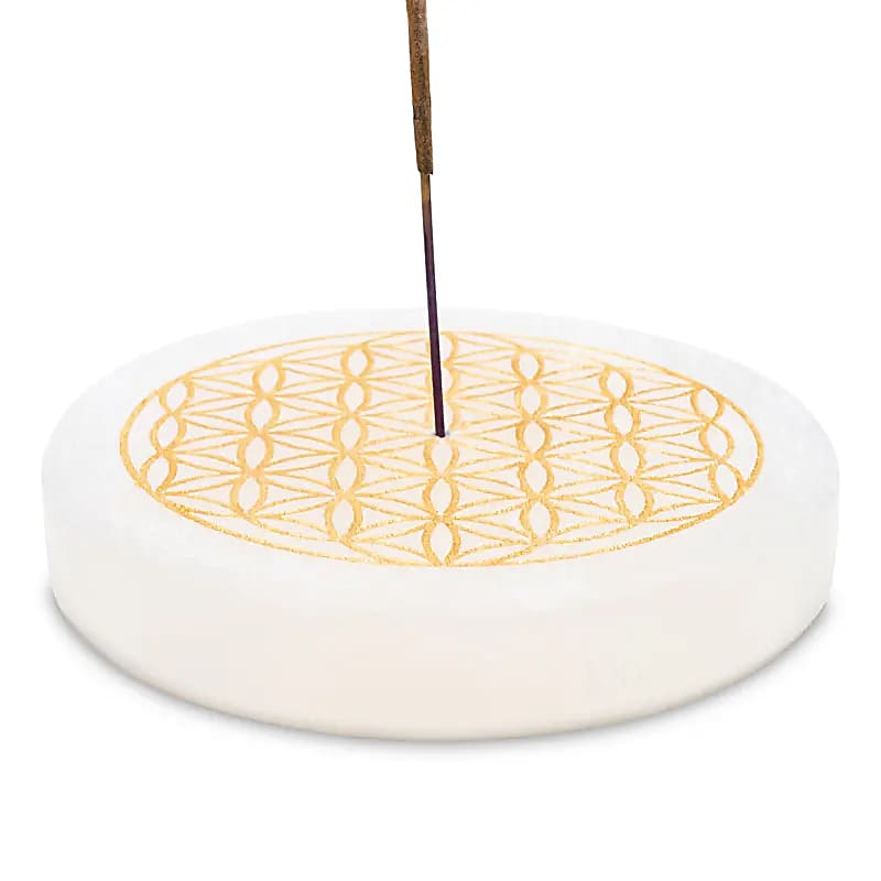 Räucherstäbchenhalter Selenit Blume des Lebens rund