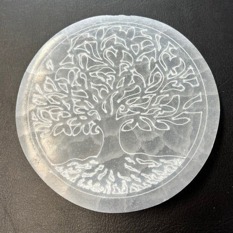 Selenit-Untersetzer mit Lebensbaum – Marienglas der Klarheit