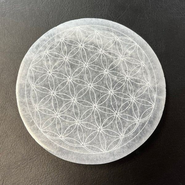 Selenit-Untersetzer mit Blume des Lebens – Marienglas für Harmonie und Schutz