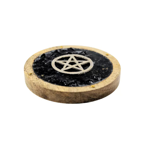 Räucherstäbchenhalter aus Holz mit Pentagramm und schwarzem Turmalin