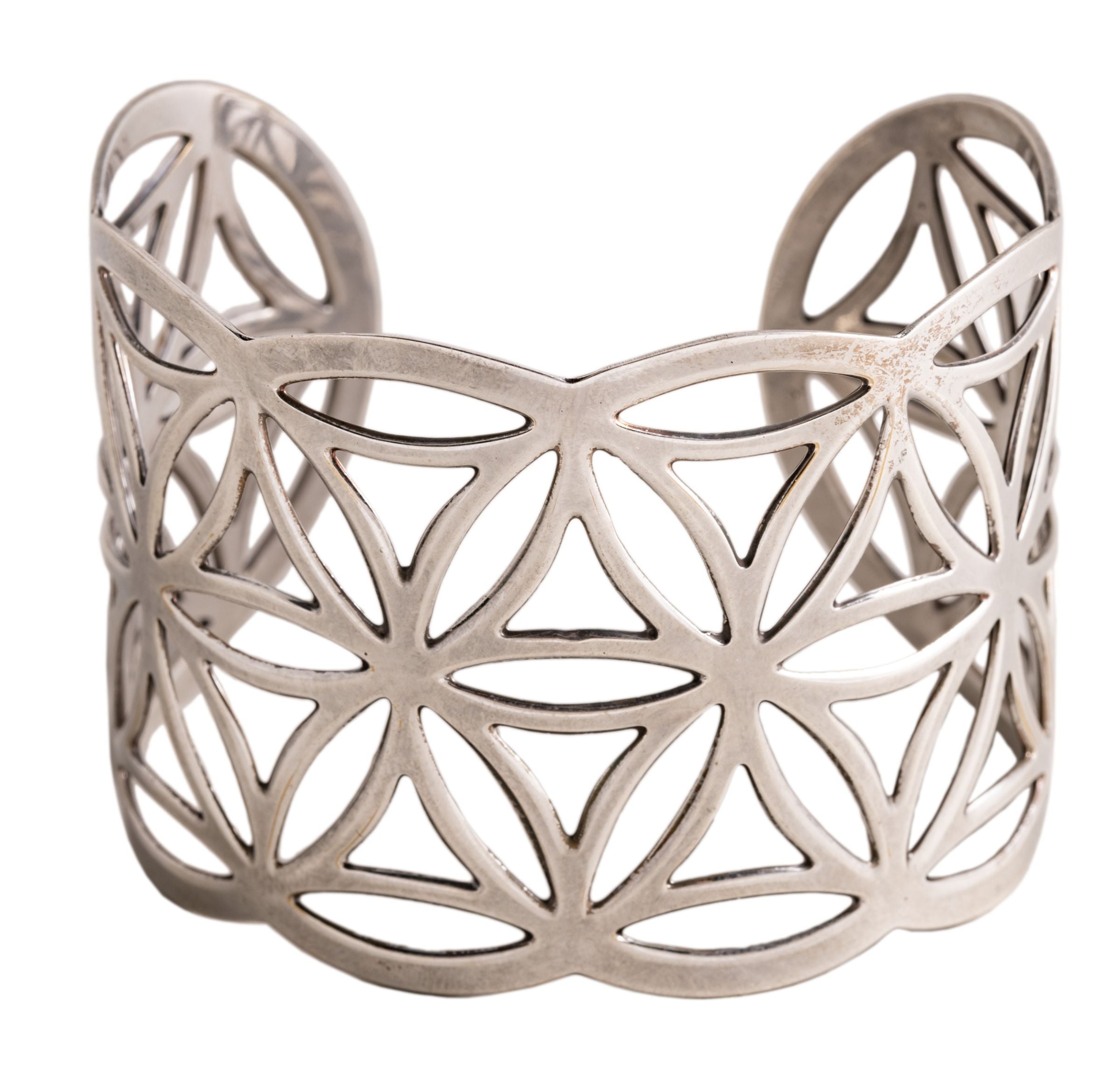 Blume des Lebens Armreif groß Messing versilbert – Seelenecho