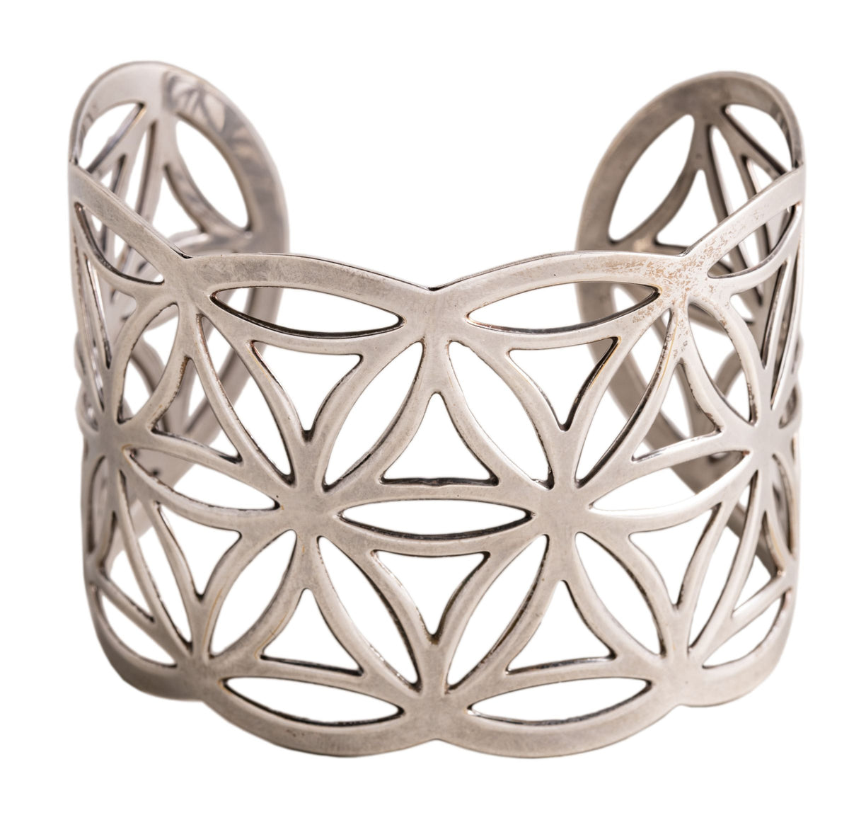 Blume des Lebens Armreif groß Messing versilbert – Seelenecho