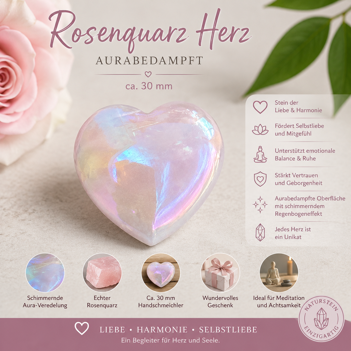 Rosenquarz Herz – aurabedampft ca. 30 mm