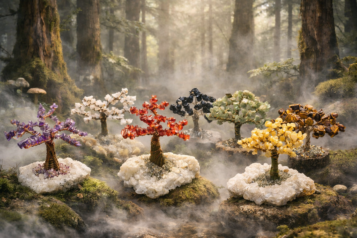 Handgefertigter Heilsteinbaum auf Quarzgeode