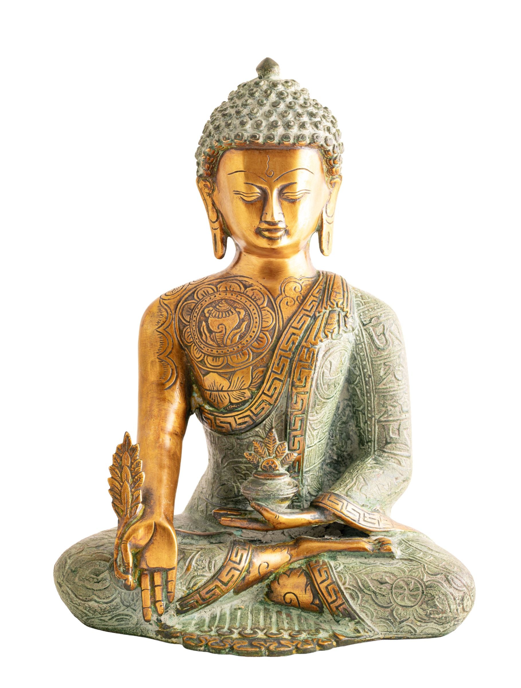 Medizin Buddha Messing, gold, grün antik – Seelenecho