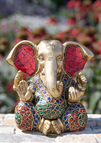 Ganesh mit Steinen Messing mit hochwertiger Steinkunst – Ansicht 2