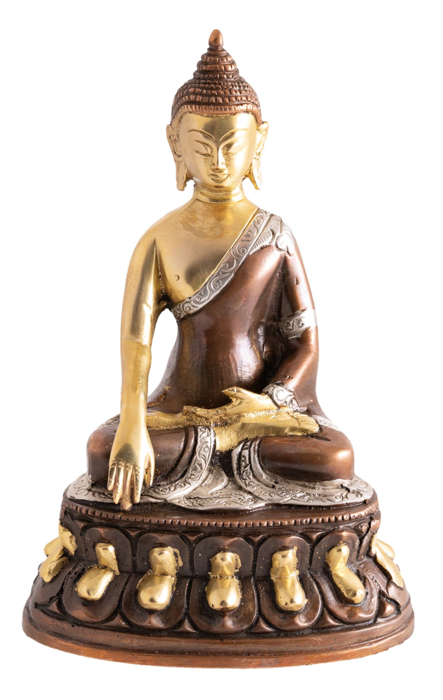 Buddha Shakyamuni Messing mit Gold, Silber, Braun Finish – Seelenecho