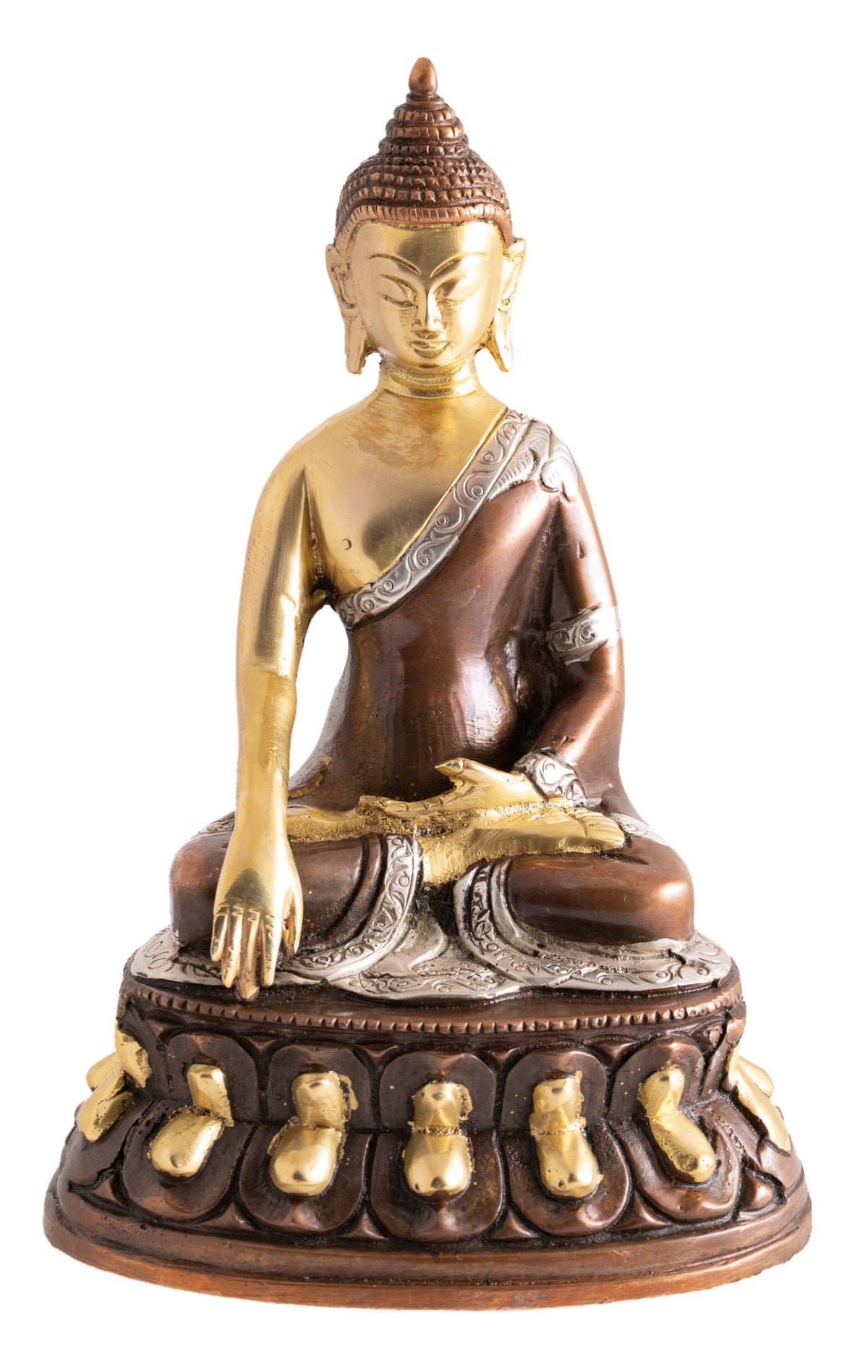 Buddha Shakyamuni Messing mit Gold, Silber, Braun Finish – Seelenecho
