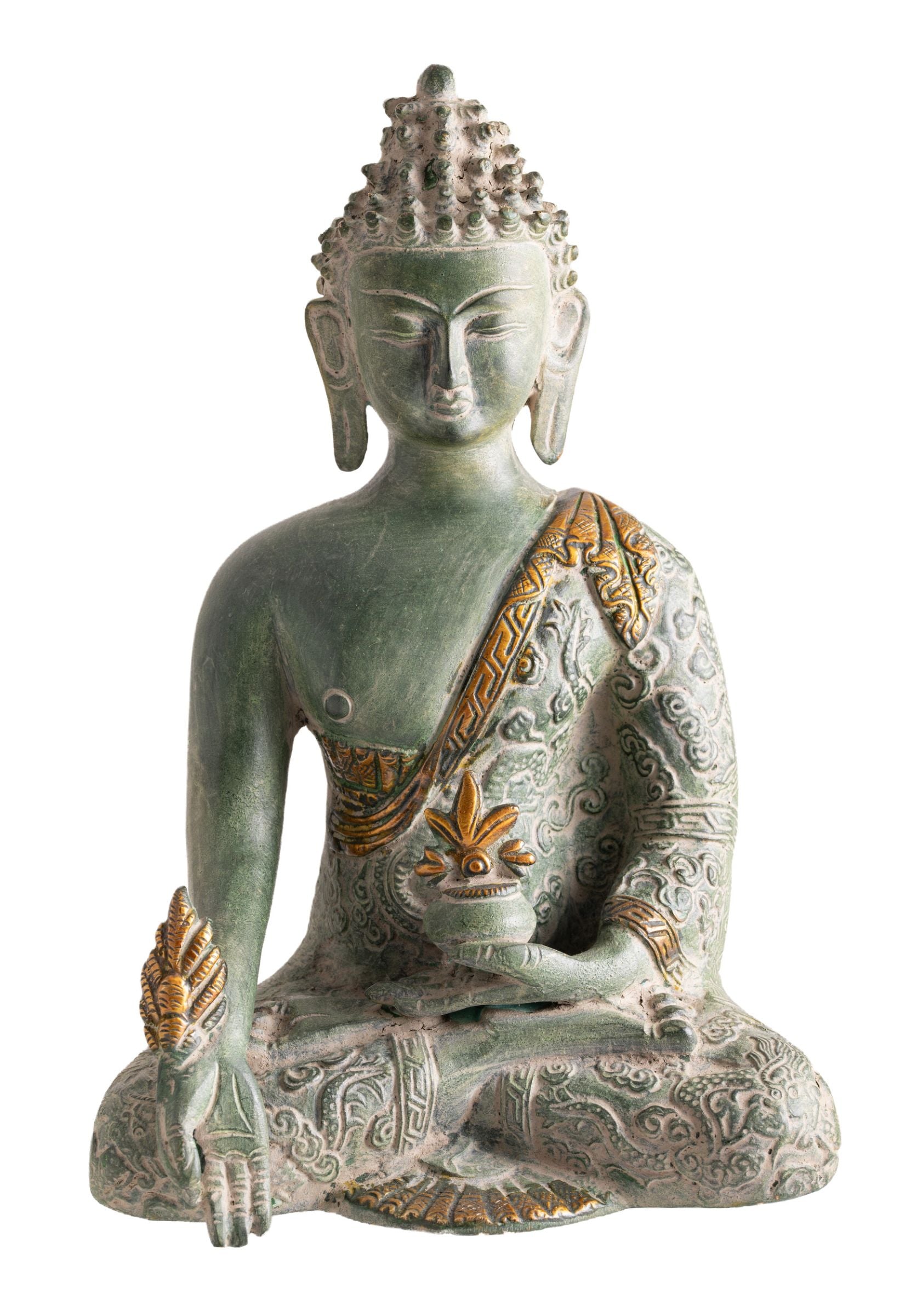 Medizin Buddha Messing, Sandstein grün mit Gold Finish – Seelenecho