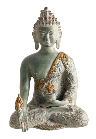 Medizin Buddha Messing, Sandstein grün mit Gold Finish – Seelenecho