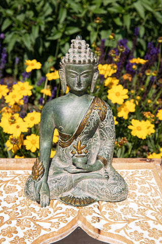 Medizin Buddha Messing, Sandstein grün mit Gold Finish – Ansicht 2