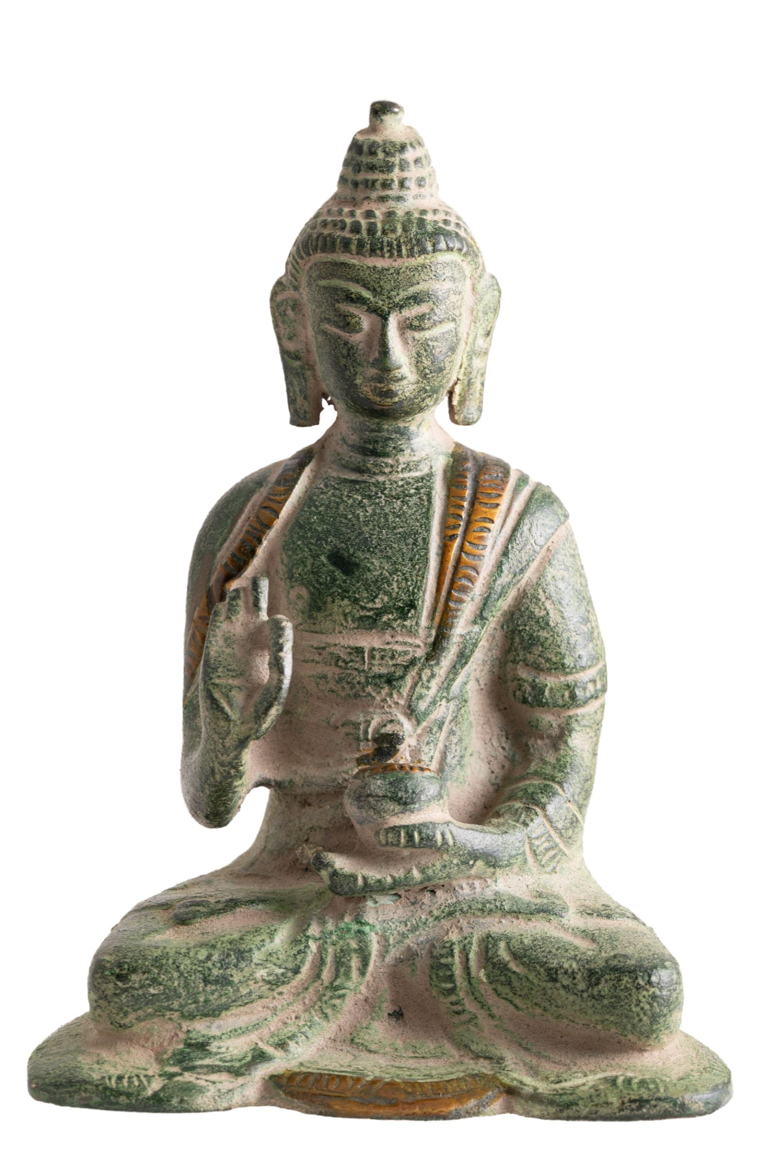 Buddha Kanakamuni Messing, Sandstein grün mit Gold Finish – Seelenecho
