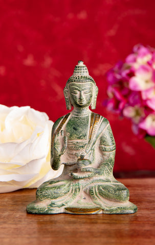 Buddha Kanakamuni Messing, Sandstein grün mit Gold Finish – Ansicht 2