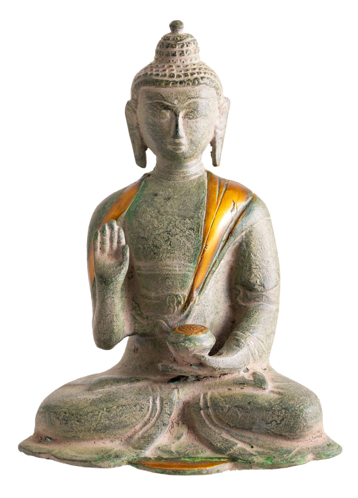 Buddha Amoghasiddhi Messing, antik grün mit Gold Finish – Seelenecho