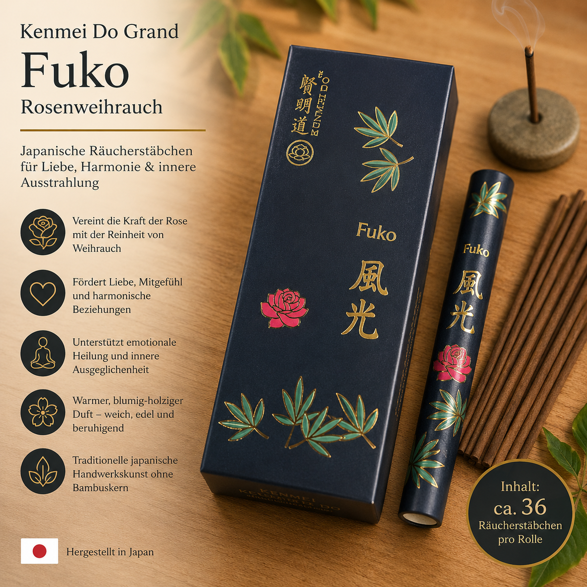 Kenmei Do Fuko – Rosenweihrauch | Japanische Räucherstäbchen für Tiefe, Harmonie & Besinnung